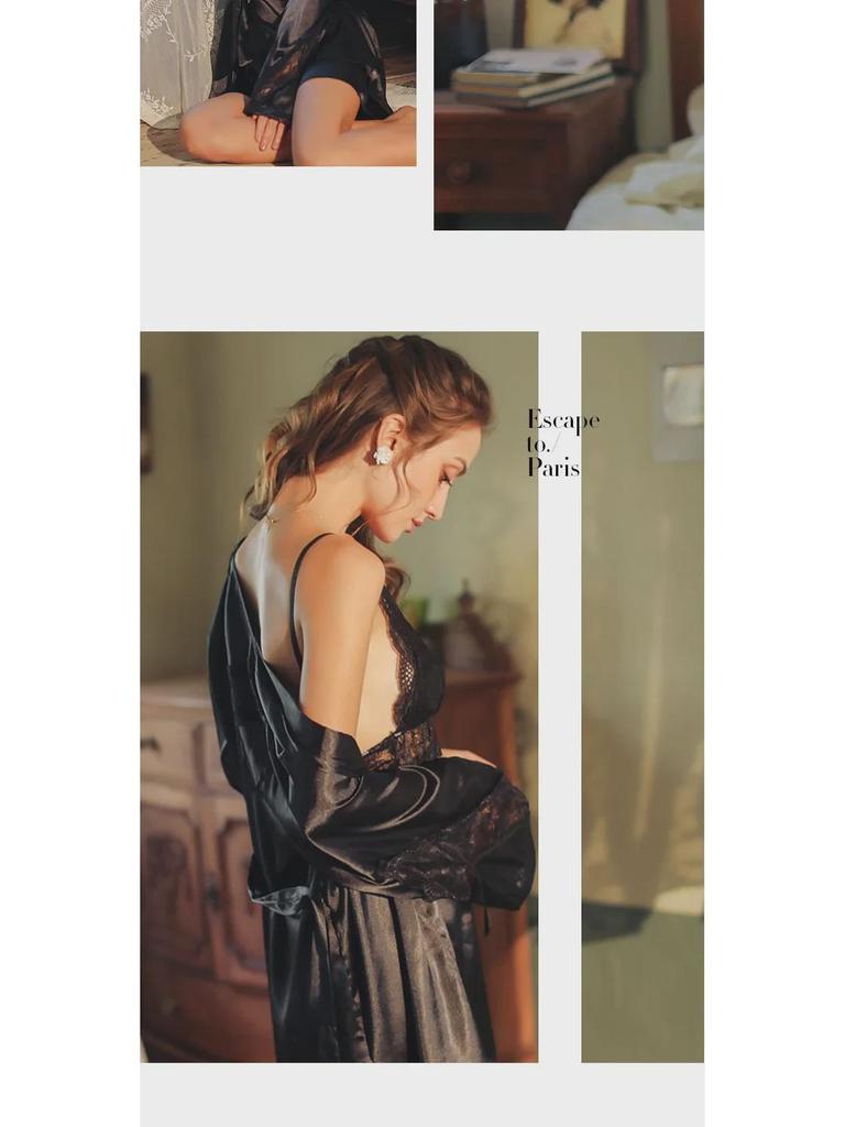 Комплект ночной рубашки с подвязками из японского кружева - Пижама из двух частей Ice Silk