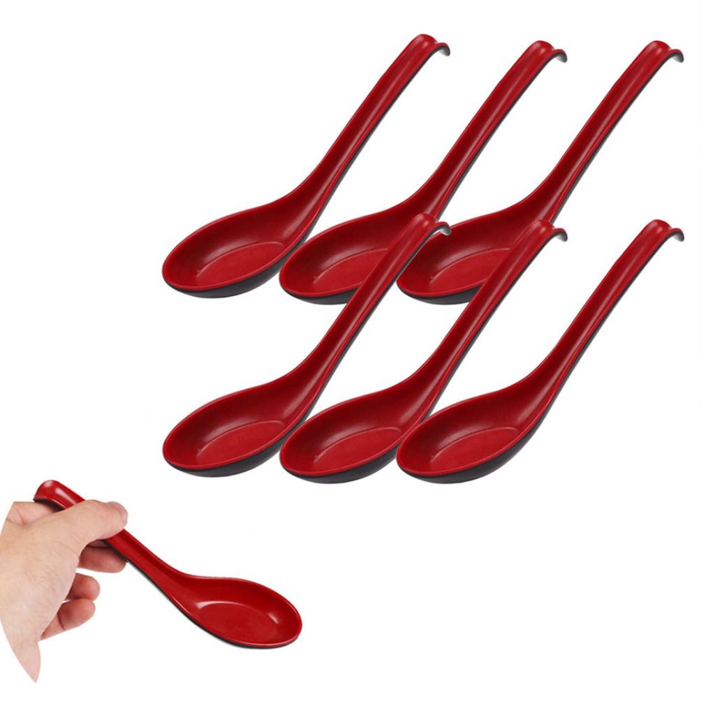 6 шт. красная и черная пластиковая ложка, домашние столовые приборы, миска для каши, китайская обеденная ложка, японская ложка для супа для домашнего ресторана