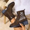 Vintage Embroidered Mid-heel Martin Boots Women's Fall 2025 New Plus-size Block Heel Side Zipper Booties