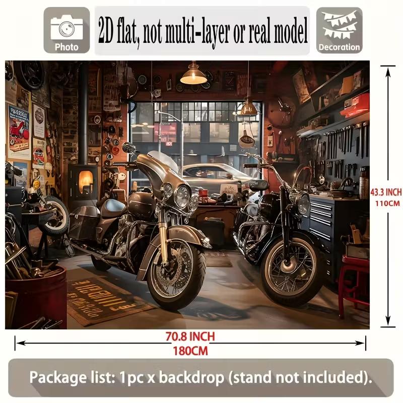 2D Vintage Motorcycle Garage Backdrop Banner - Biker Party Photo Background