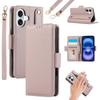 For iPhone 16 Leather Case with Card Holder, Straps, Shockproof Wallet Phone Cover - Khaki