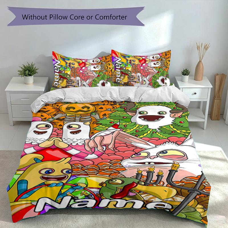 3pcs Custom Name My Singing Monsters Set,Includes 1 Duvet Cover and 2 Pillowcases,All-season Bedroom Decor