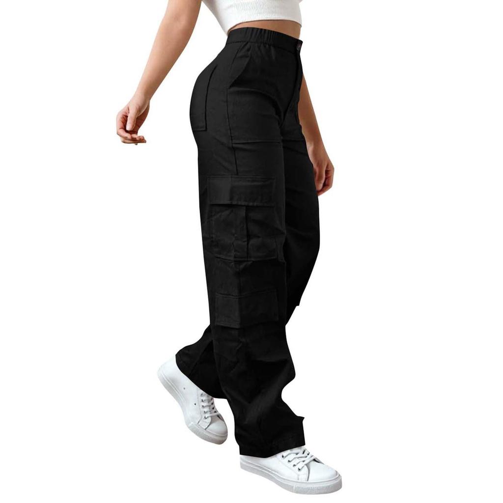 Womens Elastic High Waisted Cargo Pants Stretch Casual Wide Leg Streetwear Parachute Hiking Pants With Pockets