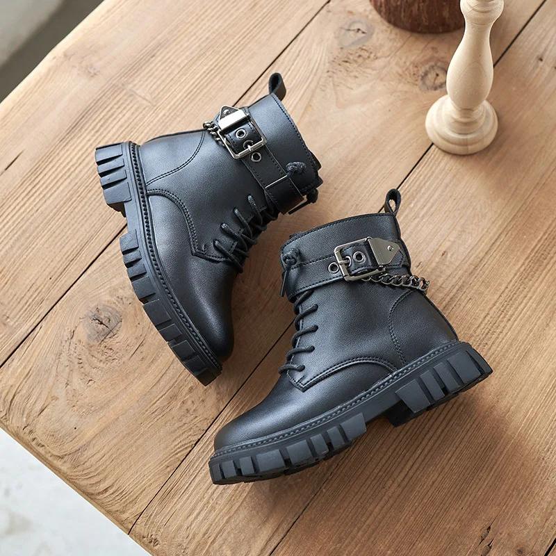 Children Boots Soft-soled Girls Tide Boots Autumn and Winter Warm British Style Boys Leather Boots Student Metal Chain Hot