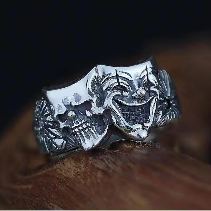 New Double-sided Good and Evil Ring Clown Zinc Men's Retro Trendy Ring Gothic Style Handmade Open Ring