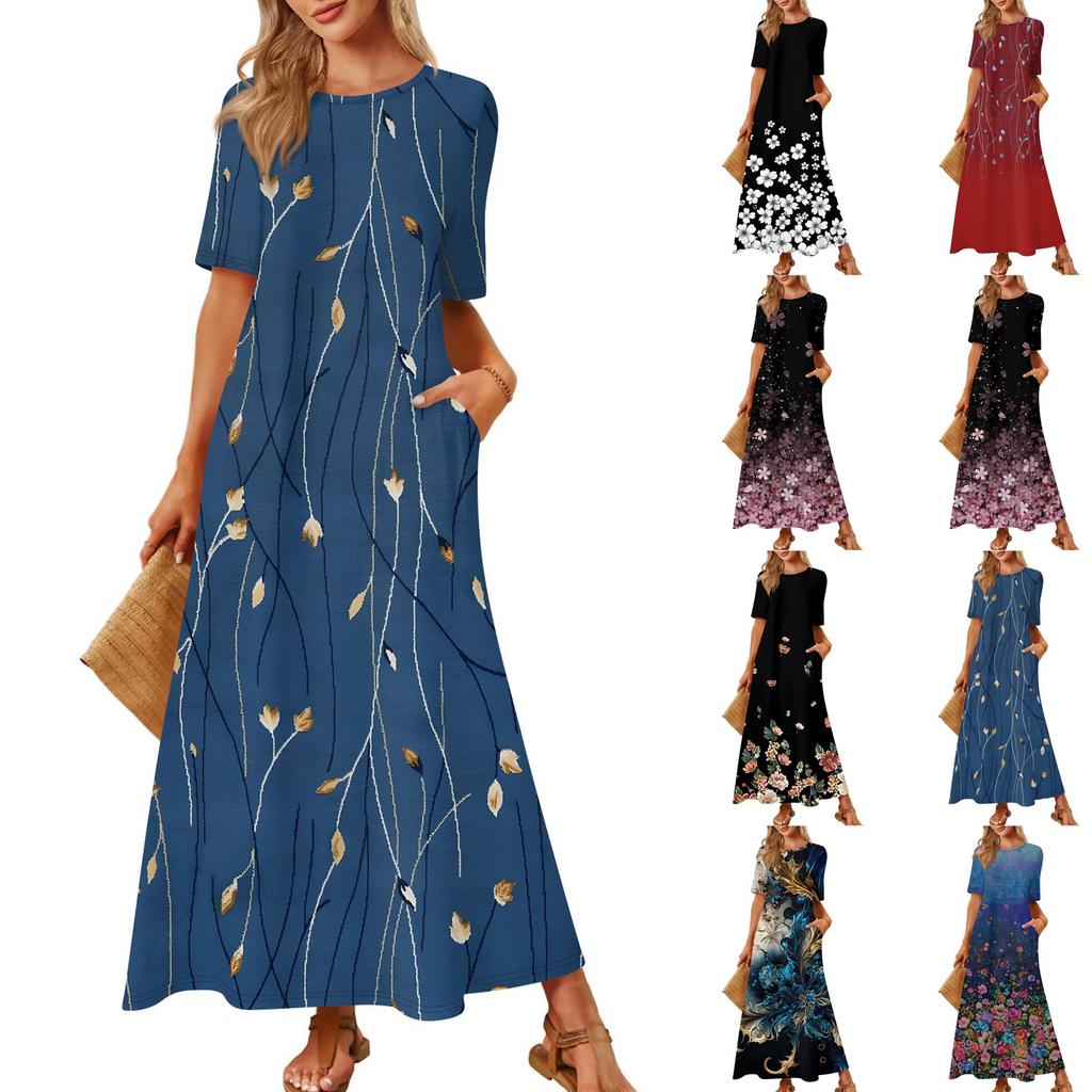Women's Fashionable And Casual Long Beach Skirt Round Neck Short Sleeved Loose Retro Print Dress