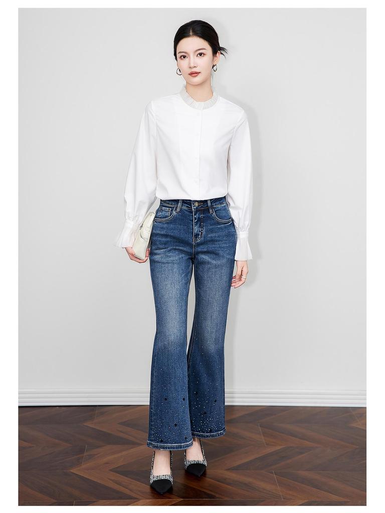 French White Women's Flare Sleeve Lace Top - Casual Long Sleeve Stand Collar Shirt