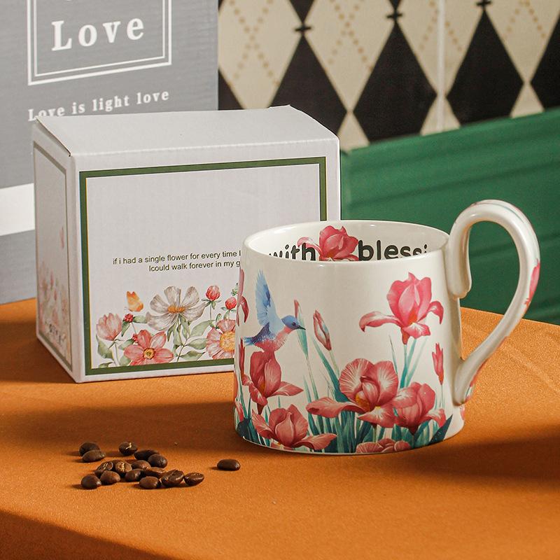 Hand Painted Cartoon Flower Large Capacity Mug Ceramic Cup High Value Coffee Cup Water Cup