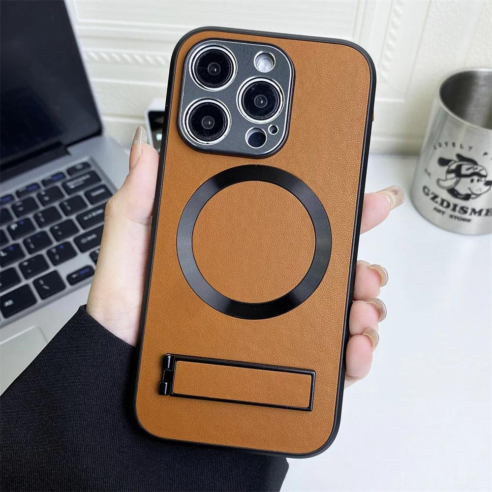 Роскошный магнитный портативный складной чехол-кронштейн для iPhone 15 14 13 12 11 Pro Max Plus металлический кожаный противоударный чехол
