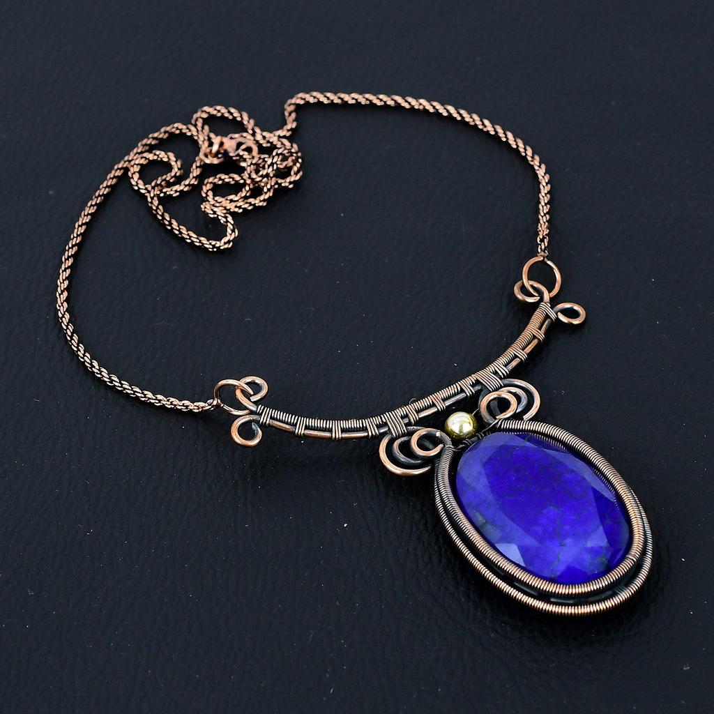 Lab Created Sapphire Gemstone Pure Copper Wire Wrapped Handmade Jewelry Necklace For Gift