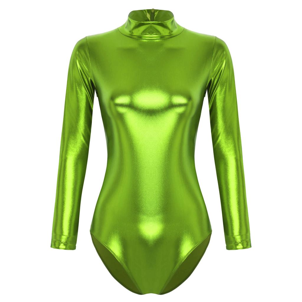 Женский блестящий спортивный купальник металлик, боди с длинным рукавом, облегающие узкие колготки, цельный комбинезон Rave Disco Party Performance
