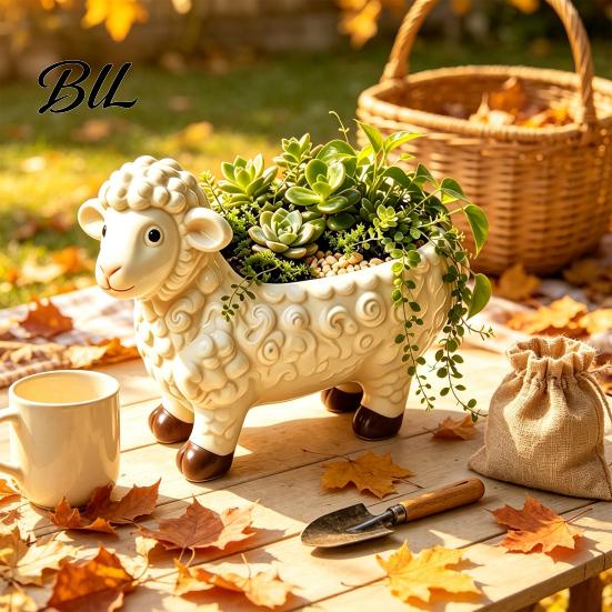 Cute Animal Flower Pot Curly Sheep Planter Pot, Resin Lamb Decorative Stable Four Legged Plant for Succulents Cacti Indoor Outdoor Decoration