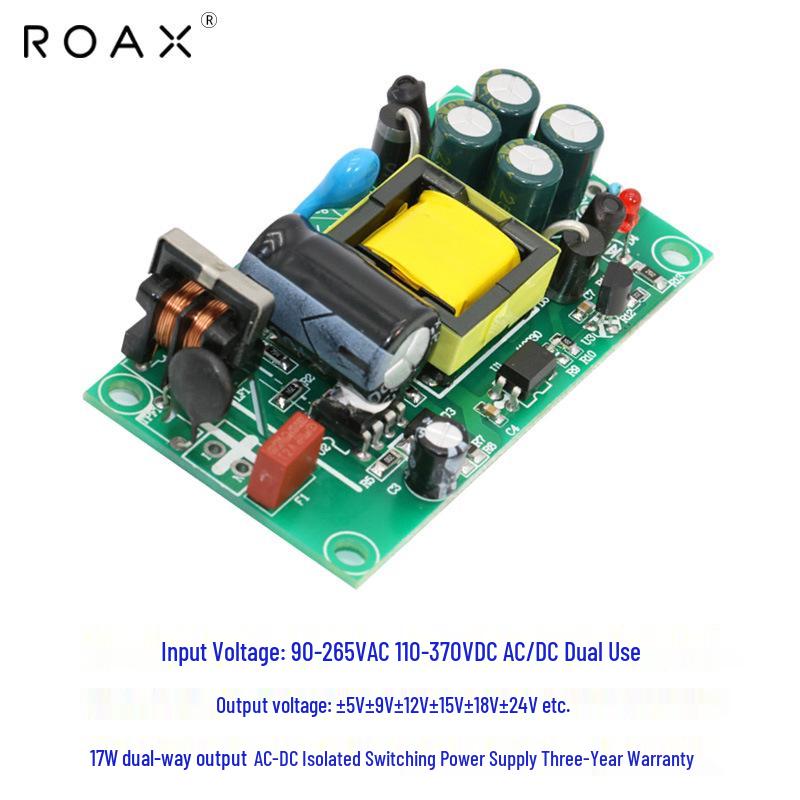 Dual 12V Power Supply Board: Positive/Negative Outputs with 5V, 15V, 24V Options, 17W DC Step-Down AC-DC Conversion.