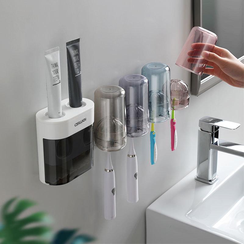 Punch-Free Wall-Mounted Toothbrush Holder and Automatic Toothpaste Dispenser