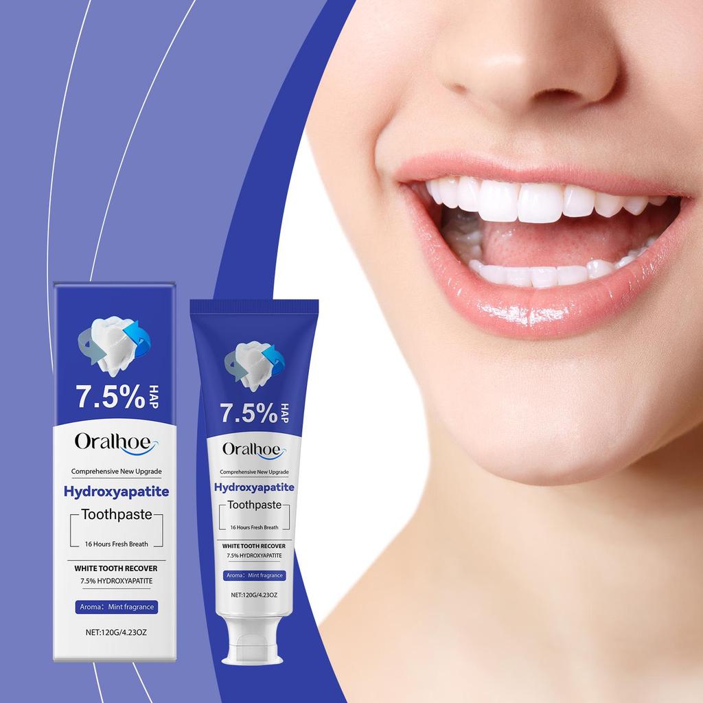 ORALHOE Отбеливающая зубная паста для чувствительных зубов: Защищает зубы, Очищает поверхность, Освежает дыхание.