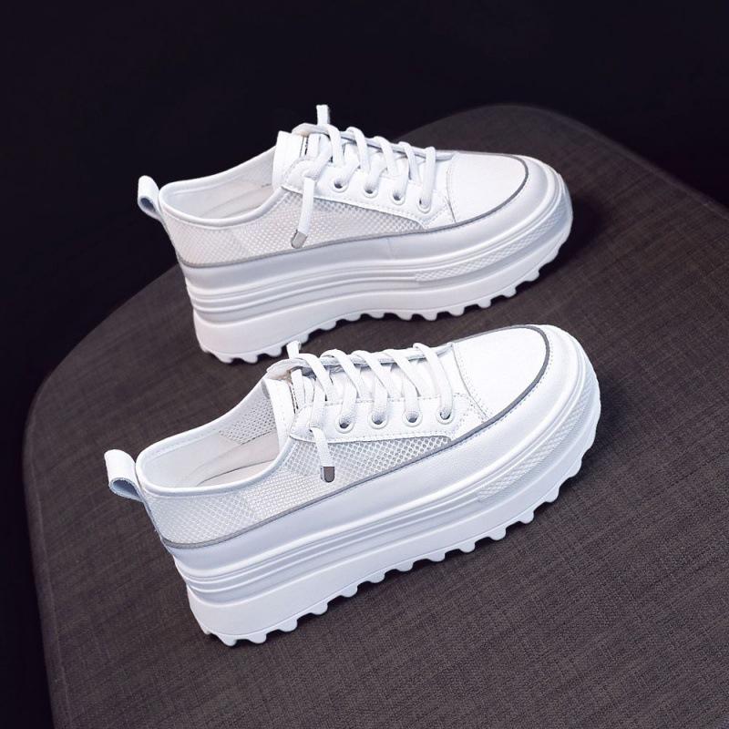 Platform White Shoes Women's Summer New Mesh Breathable Versatile Low-Tops Casual Height Increasing Insole Lace-up Shoes