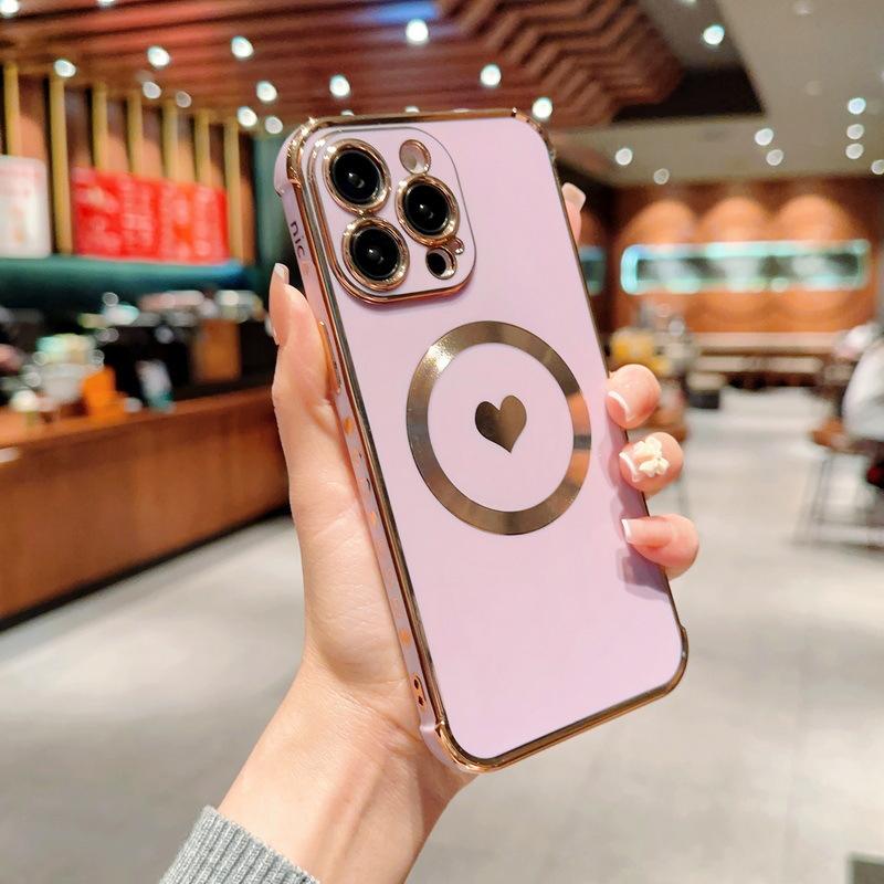 Применимо к iPhone17Pro гальванический боковой чехол для телефона с рисунком сердца Apple 16 полноразмерный магнитный защитный чехол с CD-узором 15