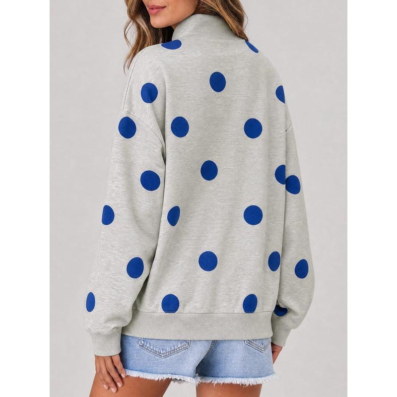 Women S Loose Half High Neck Long Sleeve Polka Dot Pullover Sweatshirt