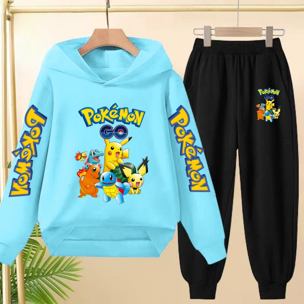 Pikachu Two-piece Clothing Children Girls Sweatshirt+Pants Casual Tracksuits Boys Pokemon Hoodie Kawaii Pullover Sports Coat Set