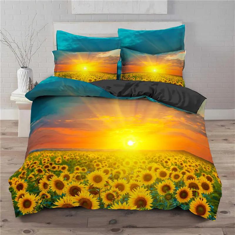 Sunflower Bedding Set Modern Microfiber Yellow Flowers Print Duvet Cover Alluring Sunflowers Summer Inspired Design Quilt Cover