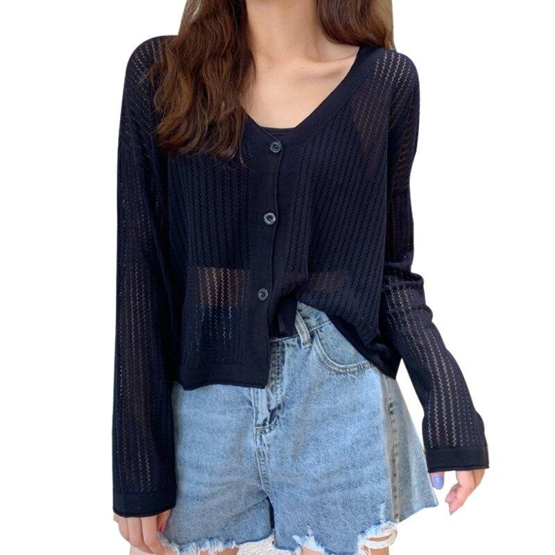 Женская футболка Футболки Liva Girl с v-образным вырезом Hollow All-Match Однобортный солнцезащитный кардиган Футболка Топы Vetements Femmes