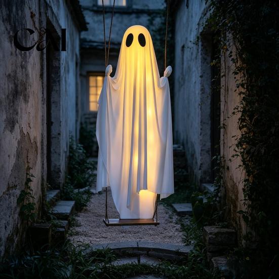 Outdoor Halloween Decorations Hanging Swing Ghost Decoration, Light Up Large Spooky Props on A for Outside Garden Yard Porch Tree Decor Easy Assembly