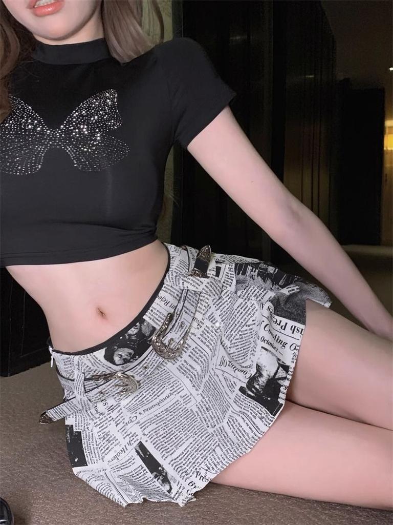 Мини-юбка с винтажным принтом для женщин Y2K 2000S с низкой талией, плиссированные юбки, летняя повседневная универсальная юбка в стиле Харадзюку в корейском стиле