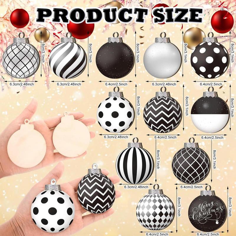 12pcs 8cm Christmas Balls Ornaments Funny Wooden Shatterproof Christmas Tree Decorations Black White Ball Christmas Decor