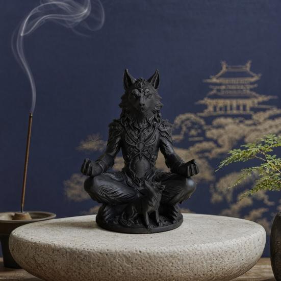 3D-печатная статуэтка медитирующего оборотня в готическом стиле Yousheng, скульптура Зверя-Воина Дзен на круглой основе, матово-черный фэнтезийный декор для стола, уникальный подарок для