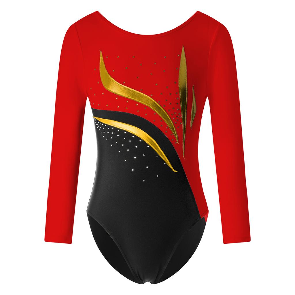 Kids Girls Stylish Clothing Long Sleeve Round Neckline Shiny Rhinestone Decorated Slim Fit Dance Leotards
