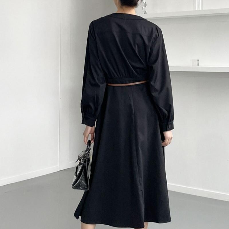 Shop Women V Neck Button Pin Tuck Simple Suit With Belt Long Dress Cat Wdr 120