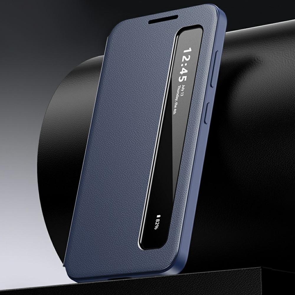 Синий кожаный чехол Samsung Galaxy S26 Plus с окном Smart View