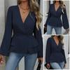 Women Tops V Neck Long Sleeve Slimming Blouse Waist Tight Ruffle Trim Hem Solid Color Shirt Tops Daily Wear