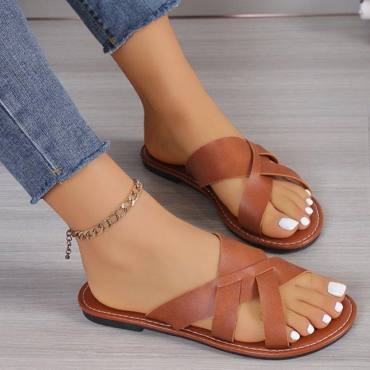Летние новые женские сандалии на плоской подошве, повседневные сандалии с открытым носком, удобные пляжные шлепанцы с перекрестными ремешками 2024 года, Sandalias De Mujer