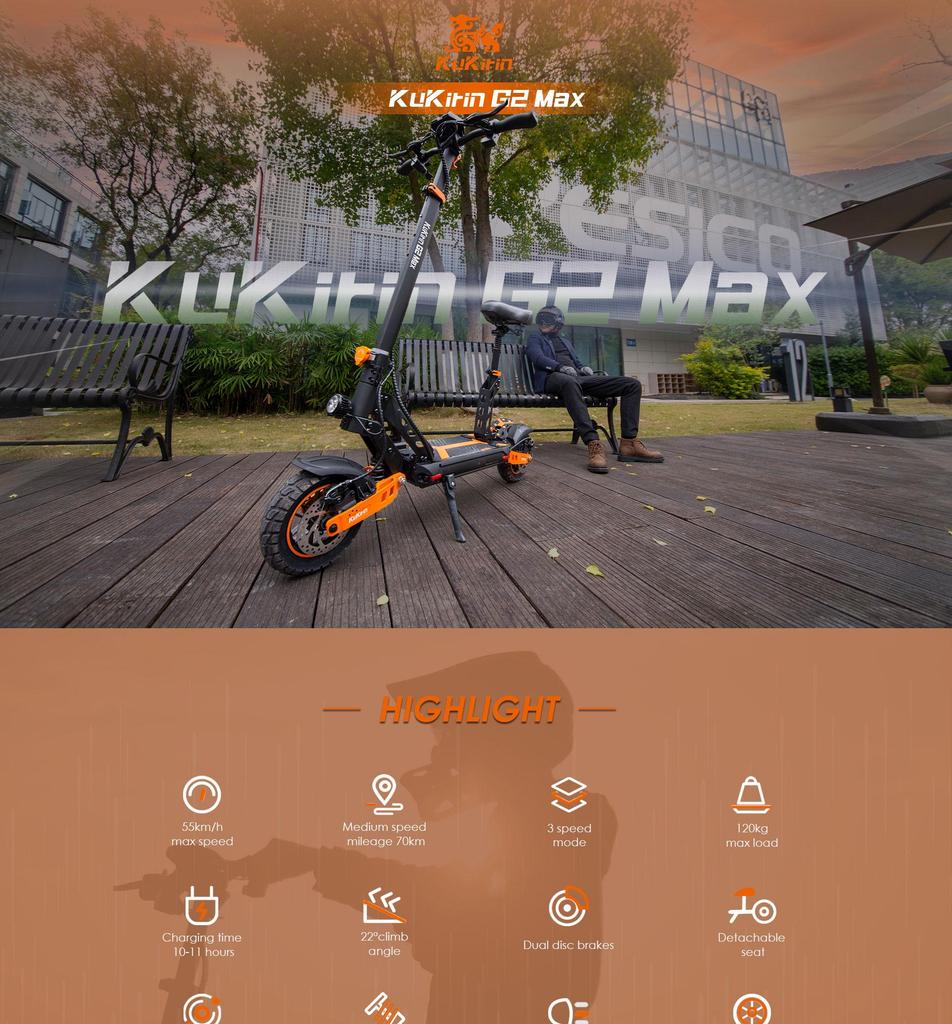 Электросамокат Складной Kukirin G2 Max 1200W Мотор Электросамокат Для Взрослого Максимальная Скорость 55КМ/ч 48В 20.8Ач Запас Хода 70Км Нагрузка 120кг