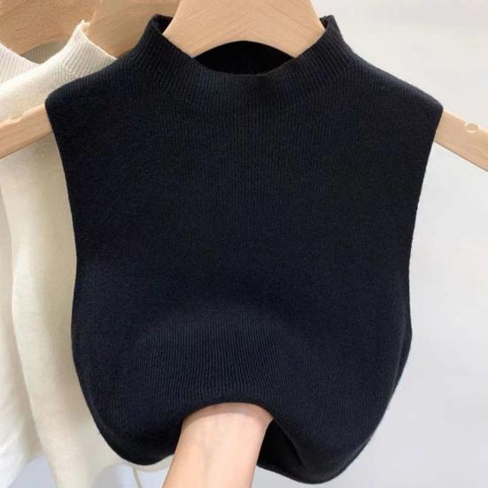 Women Knitted Vest Tops Slim Fit Half-High Collar Sleeveless Top Solid Color Stretchy Knit Blouse Daily Wear