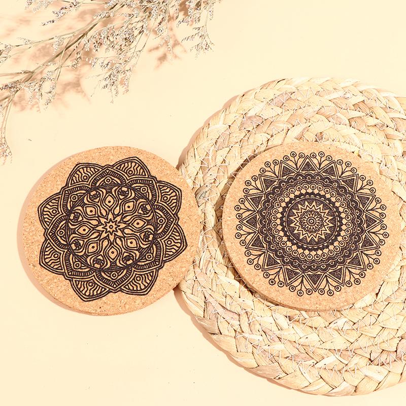12Pcs Mandala Design Round Shape Wooden Coasters With Rack Round Cork Coaster