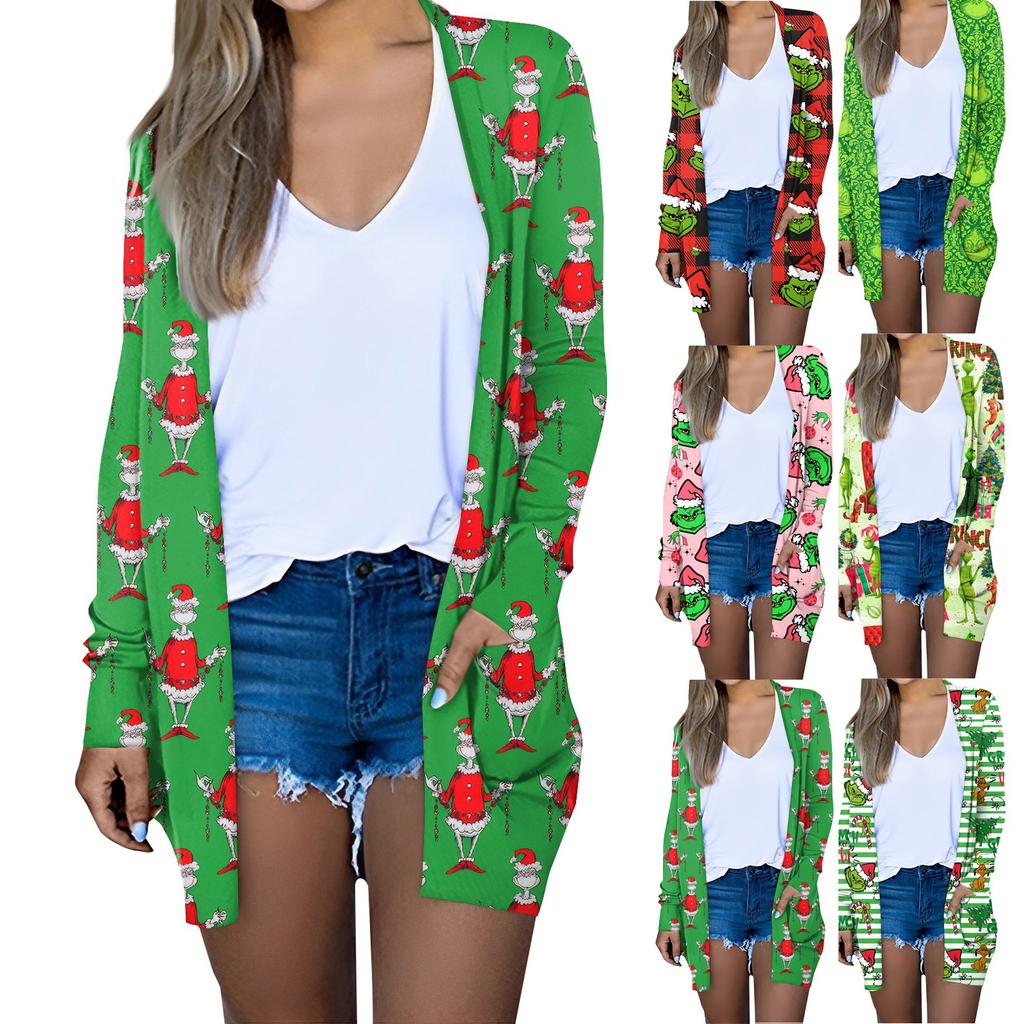 Женская модная повседневная куртка-кардиган с рождественским принтом средней длины, пальто