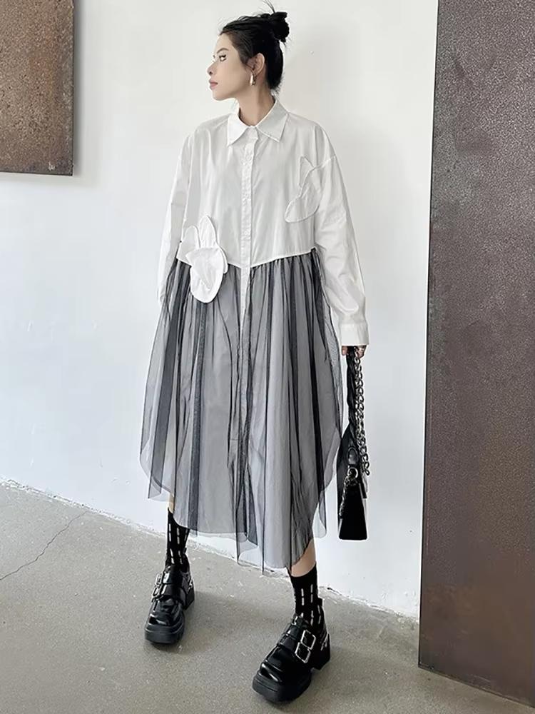 Xitao Однобортное платье с сетчатым узором и цветочной складкой GMM1160