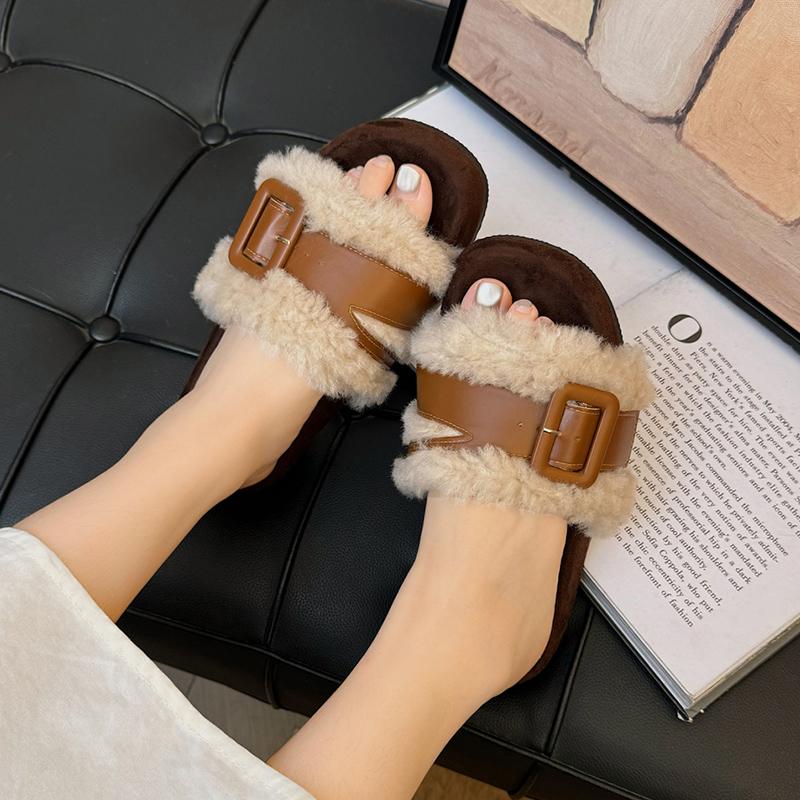 Меховые балетки женские тапочки модная платформа короткие плюшевые пряжки зимняя обувь 2025 тренд дизайнерские прогулочные домашние туфли женские