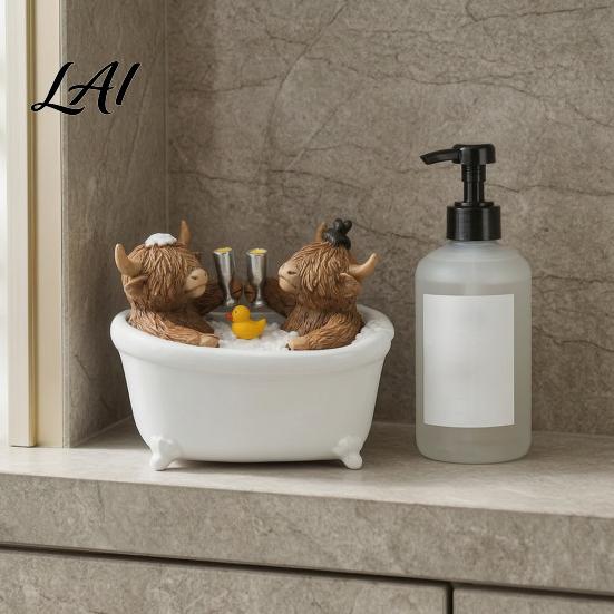 Gift for Scottish Cow Fans Highland Figurine Cows Toasting in Bathtub Resin Statue Creative Desktop Ornament Cute Farm Animal Tabletop Bathroom Home
