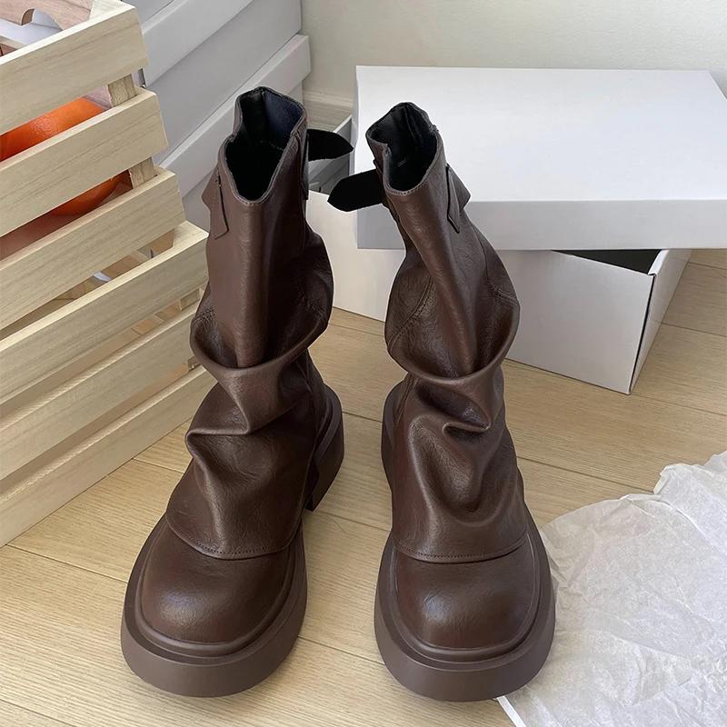 Fashion Vintage Women Western Cowgirl Boots Fashion Belt Buckle Shoes Autumn Winter Thick Heel Ladies Modern Short Booties