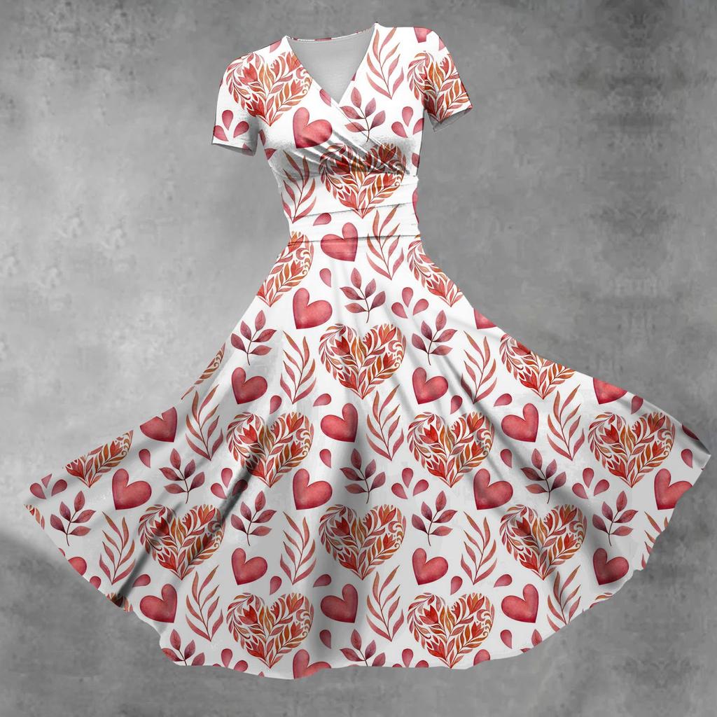 Женское платье принцессы, сексуальное плиссированное платье с короткими рукавами и v-образным вырезом на день святого Валентина, с принтом на талии