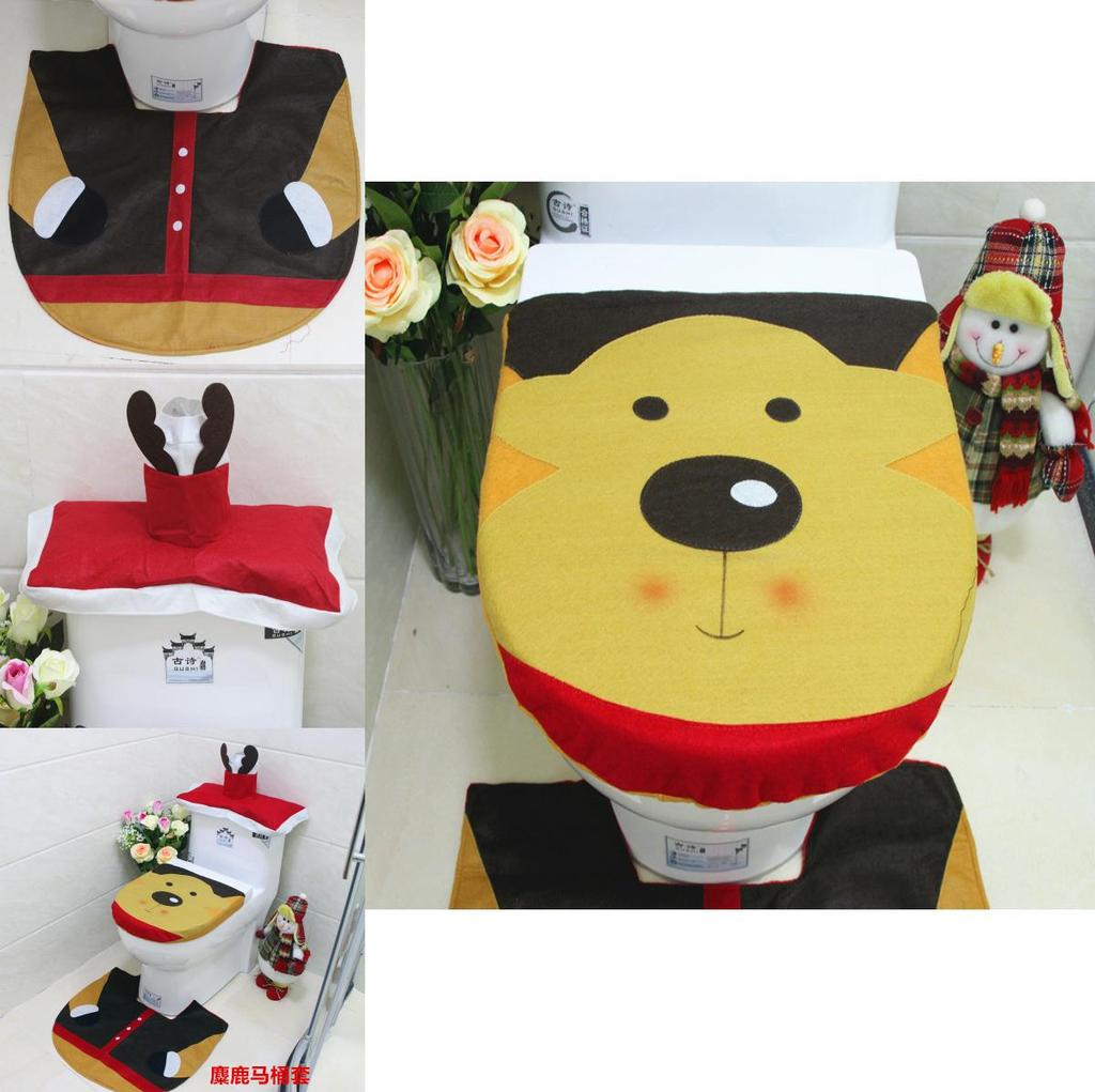 Festive Red And White Christmas Reindeer Toilet Seat Cover Set With Mat And Tank Lid For Holiday Cheer