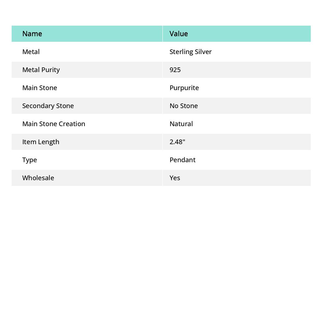 Natural Purpurite Gemstone 925 Sterling Silver Jewelry Pendant 2.48" g0N34