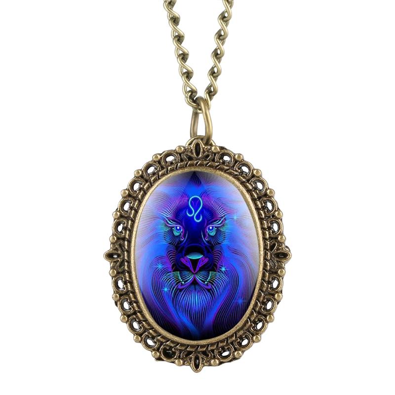 New 12 Constellation Astrology Oval Pocket Watch Unique Fluorescent Blue Zodiac Necklace Pendant Quartz Birthday Gift for Friend