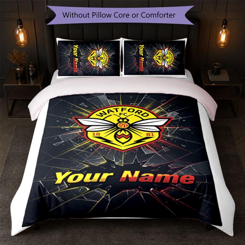 Watford FC Custom Name Text Bedding Set 1 Duvet Cover+2 Pillowcases Soccer Logo Personalized Gift For Special Occasion Bedroom Decor