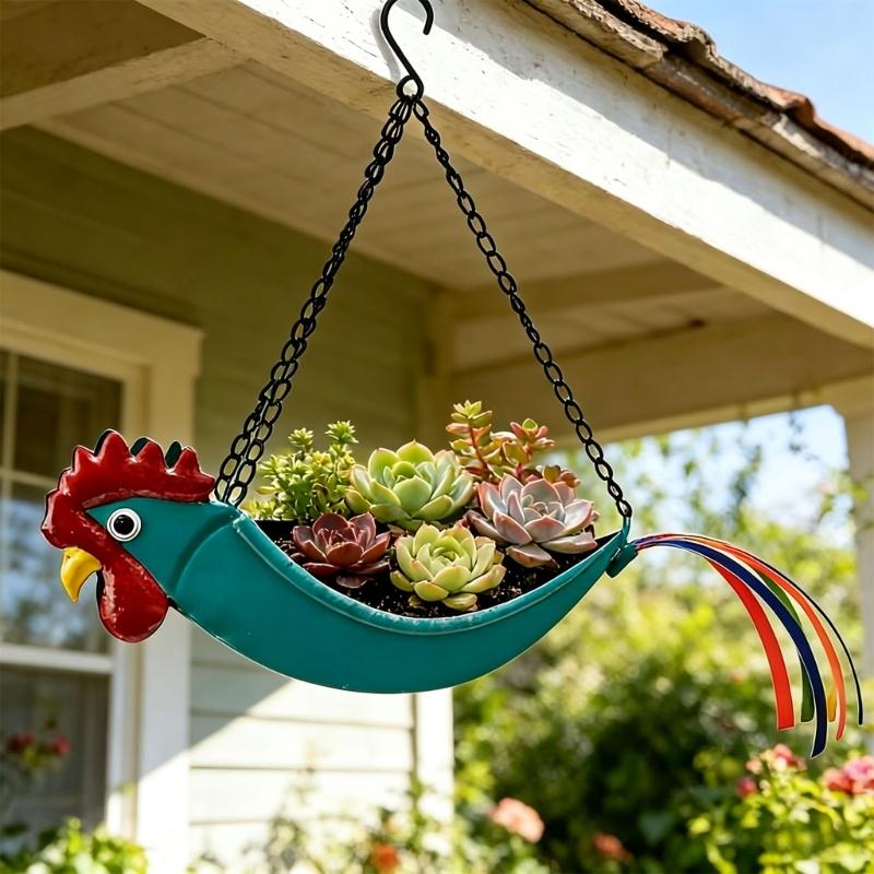 Iron Hanging Flower Pot Colorful Rooster Planter with Wide Planting Container and Chain System for Off-Floor Flower Displays on Patios and Porches