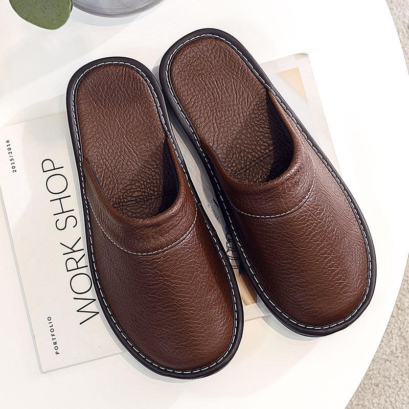 Men's Slippers Autumn Winter Indoor Shoes Plus Size  Man Concise Navy Blue Slides Simple Leather Home Slippers For Men