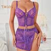 3 Pcs/Set Women Bra Panties Skirt Set See-through Lace Embroidery Hollow Out Lace-up Straps Thin High Waist Skirt Wedding Night Honeymoon Valentines